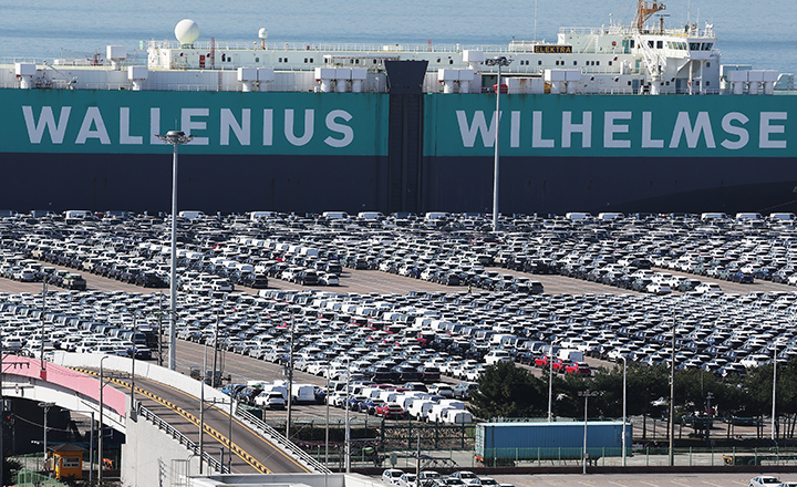 경기도 평택항에 수출용 자동차가 세워져 있는 모습. 2025.10.28(사진=저작권자(c) 연합뉴스, 무단 전재-재배포 금지)