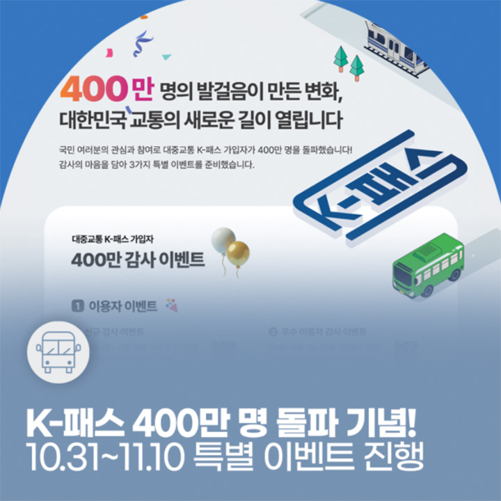 10월 31일부터 11월 10일까지, K-패스 이용자 400만 명 돌파 기념 이벤트를 진행했다. (출처=대도시광역교통위원회)