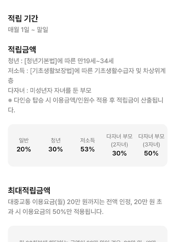 K-패스는 만 19세 이상 성인이라면 누구나 발급받을 수 있다. 일반 성인은 20%, 만 19세에서 34세 사이 청년은 30%, 다자녀 가구는 50%, 저소득층은 53.3%까지 환급이 적용된다. (출처=K-패스 공식 누리집)