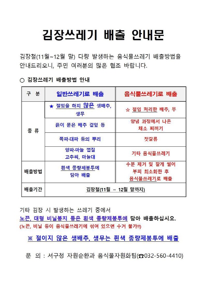 김장 쓰레기 배출 방법은 동네마다 차이가 있으니 반드시 확인해야 한다. (출처=인천 서구)
