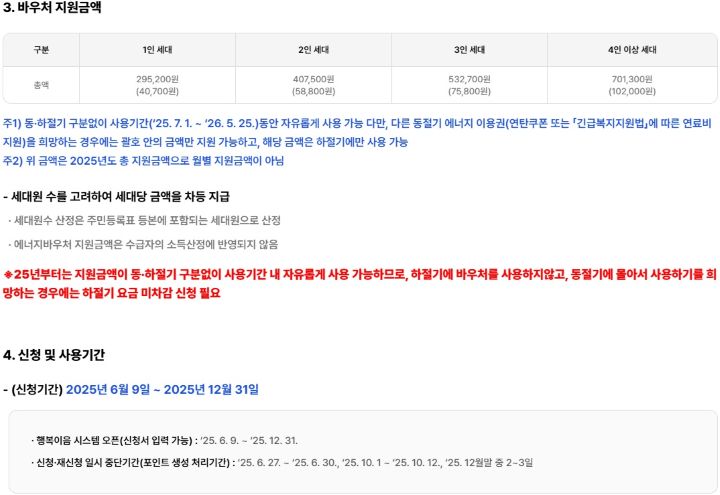 에너지바우처 지원 금액은 가구수별 차등 지급되며, 별도의 지원을 받을 경우 중복지원이 불가능하거나 감액 지급된다. (출처=에너지바우처 누리집)