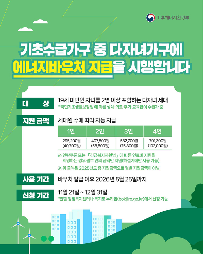 기초수급가구 중 다자녀가구에 에너지바우처 지급 하단내용 참조