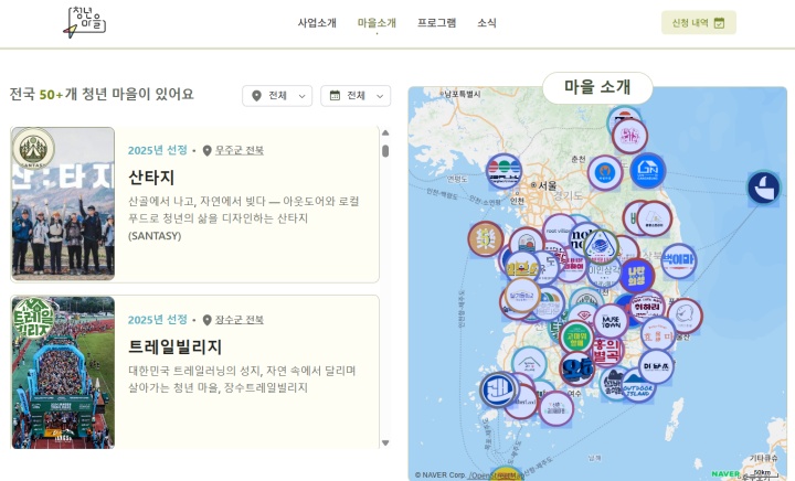 전국 곳곳 지역이 가진 매력을 담은 청년마을 51개소. (출처=청년마을 누리집)