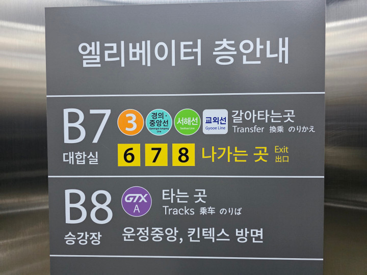 대곡역 GTX-A 하차 이후 외부로 향하는 엘리베이터 안내 사진. 승강장은 지하 8층, 대합실 및 갈아타는 곳은 지상 2층까지 엘리베이터를 이용해야만 한다.