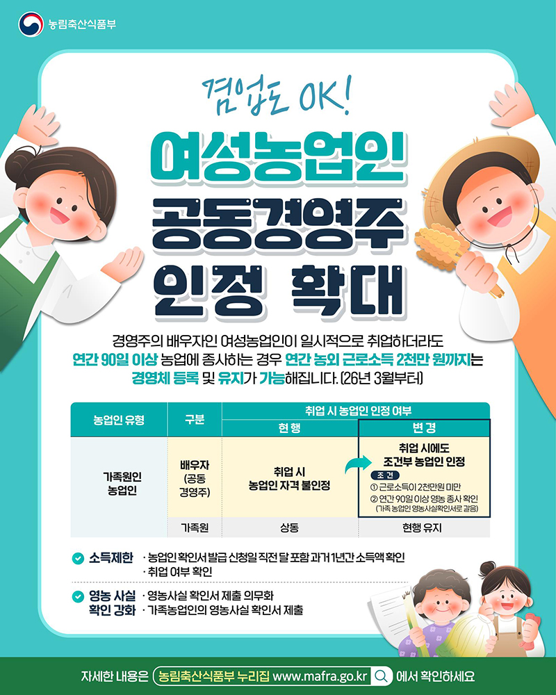 겸업도 OK! 여성농업인 공동경영주 인정 확대 하단내용 참조