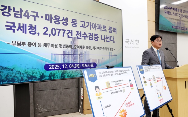 오상훈 국세청 자산과세국장이 4일 세종시 정부세종청사 국세청에서 강남4구·마용성 등 고가 아파트 증여 2077건 전수 검증에 대한 브리핑을 하고 있다. 2025.12.4. (ⓒ뉴스1, 무단 전재-재배포 금지)