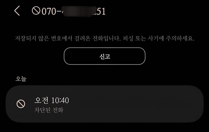 피싱으로 의심되는 번호. '피싱 또는 사기에 주의하세요' 안내 말과 함께 신고 버튼이 나타났다.