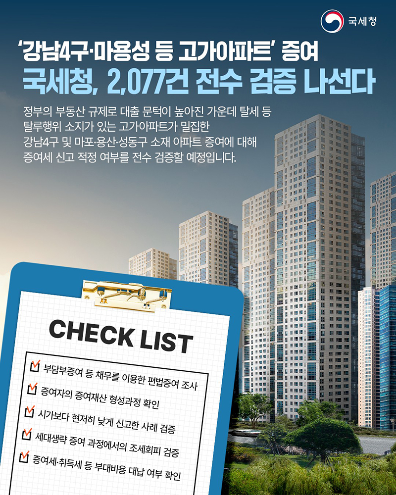 '강남4구·마용성 등 고가아파트' 증여 전수 검증 하단내용 참조