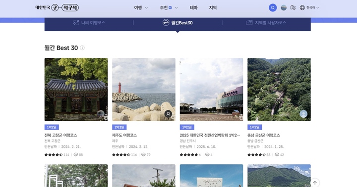 여러 사람이 이미 만들어 둔 전국 각지의 여행 코스들이 Best 30코스로 등록되어 있어, 나중의 여행 계획을 짤 때 참고하기 좋을 것 같다.