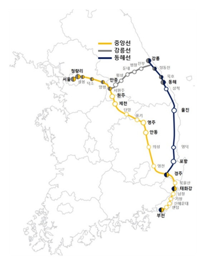 중앙선 강릉선 동해선 노선도.(국토교통부 제공)