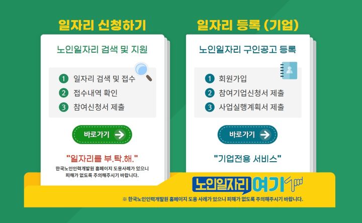 노인일자리 여기 누리집 메인. 새로운 일자리를 구하기 위한 노인은 물론 노인 채용을 위한 기업 전용 페이지도 운영중이었다. (출처=노인일자리 여기 누리집)