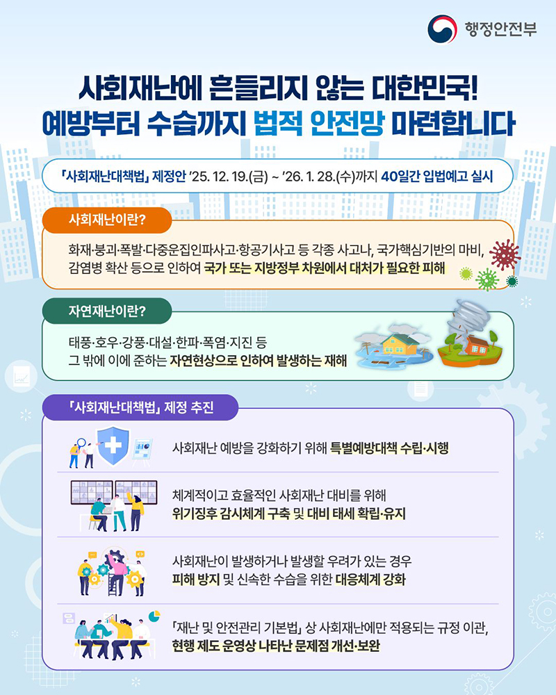 「사회재난대책법」 제정안 입법예고 실시 하단내용 참조