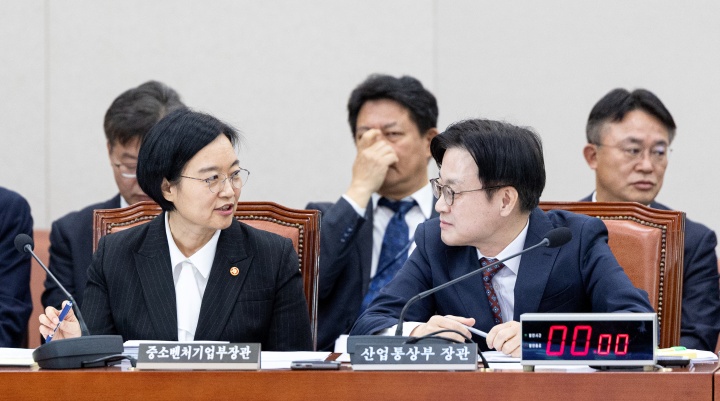 김정관 산업통상부 장관과 한성숙 중소벤처기업부 장관이 21일 서울 여의도 국회에서 열린 제429회국회(정기회) 산업통상자원중소벤처기업위원회 제8차 전체회의에서 대화하고 있다. 2025.11.21. (ⓒ뉴스1, 무단 전재-재배포 금지)