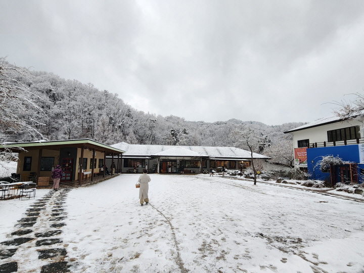 충주 시내는 비가 내렸지만, 숙소가 있는 산속은 하얀 눈으로 덮여 있다.