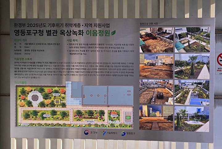옥상에 기후위기 취약계층&middot;지역 지원사업 안내판이 세워져 있다.
