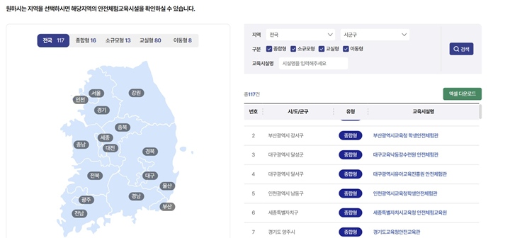 전국 안전체험 교육시설 정보를 검색해볼 수 있다.