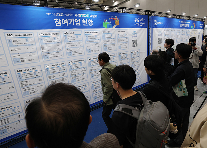 경기 수원시 영통구 수원컨벤션센터에서 열린 '2025 수원 일자리박람회'에서 구직자들이 참여기업 현황판을 살펴보고 있다. 2025.4.9 (ⓒ뉴스1, 무단 전재-재배포 금지)