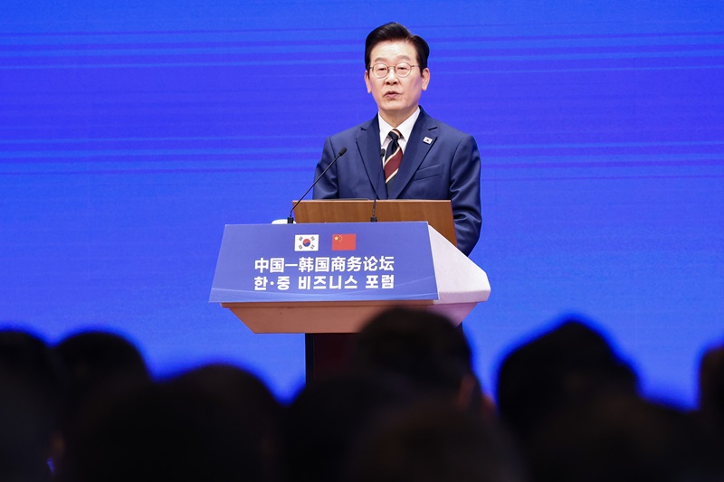 중국을 국빈방문 중인 이재명 대통령이 5일 베이징 조어대에서 열린 비즈니스 포럼에서 발언을 하고 있다. 2026.1.5 (ⓒ뉴스1, 무단 전재-재배포 금지)