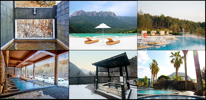 필례온천, 소노펠리체 델피노 원암온천, 설해원 설해온천, 산방산 탄산온천, 문경STX, 소노벨청송 솔샘온천 (출처=지자체 및 온천시설 홈페이지)