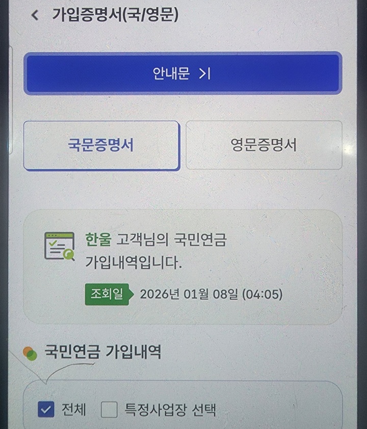 국민연금 가입증명서(국&middot;영문) 발급 화면