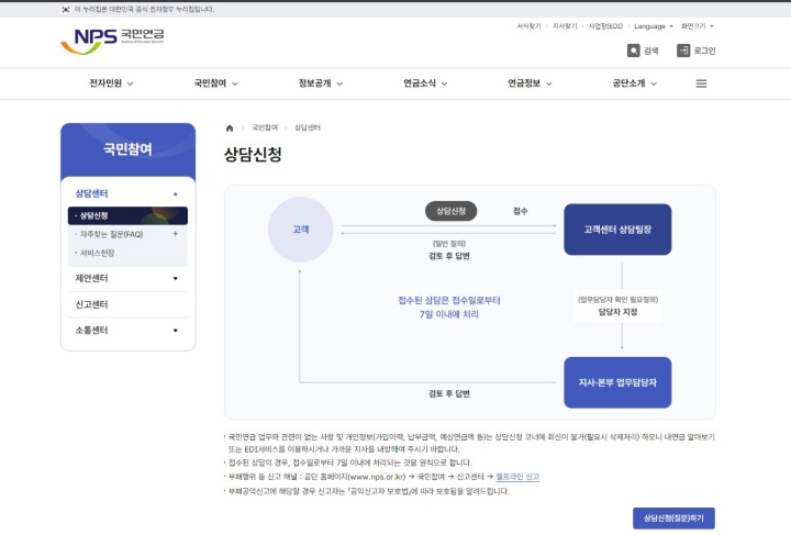 국민연금 고객센터 안내 화면(출처: 국민연금공단 홈페이지)