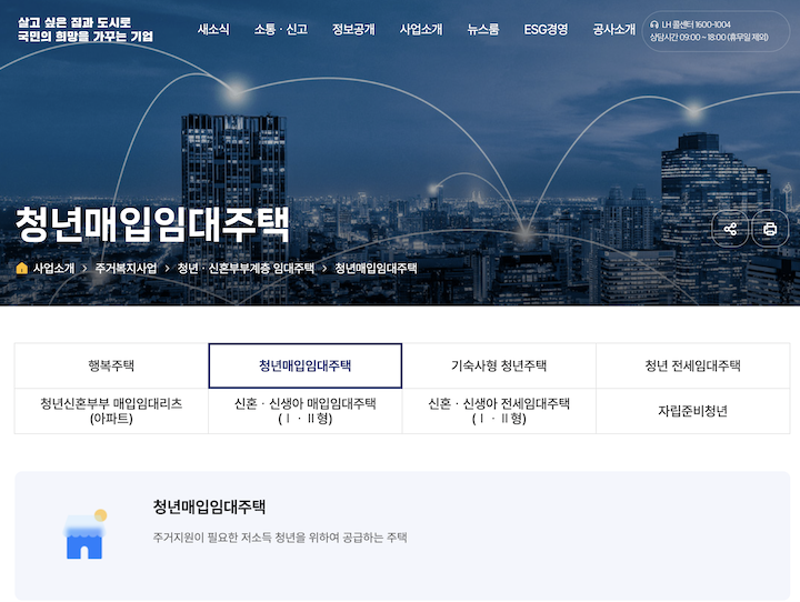 청년 주거정책의 일환인 청년매입임대주택 제도의 화면이다.