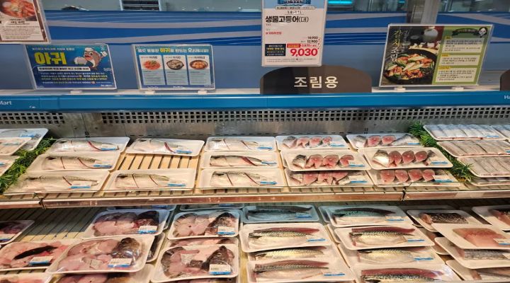 다양한 용도의 고등어가 진열되어 할인 행사가 실시되고 있다