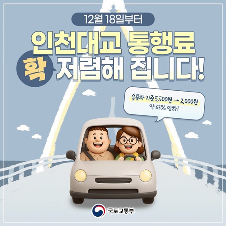 인천대교 통행료 인하로 영종신도시에 거주 중인 후배는 신바람이 났다.(출처=국토교통부)