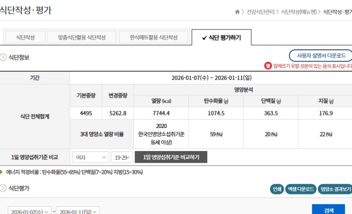 5일 동안 작성한 식단을 평가받은 모습. (출처 = 농식품올바로 누리집)