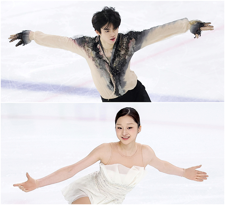 피겨스케이팅 선수 차준환(위)과 신지아가 지난 4일 서울 양천구 목동 아이스링크에서 열린 제80회 전국남녀 피겨스케이팅 종합선수권대회 프리 스케이팅에서 연기를 펼치고 있다.(ⓒ뉴스1, 무단 전재-재배포 금지)