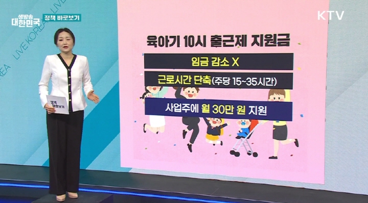 만 12세 이하 또는 초등학교 6학년 이하 육아기 자녀를 둔 근로자가 단축 근무할 경우 사업자에게 1인당 30만원을 지급하는 '육아기 10시 출근제'(출처=KTV)