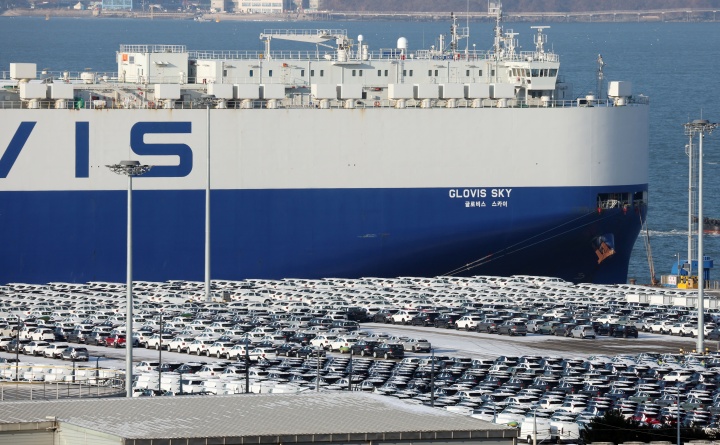 도널드 트럼프 미국 대통령이 26일(현지시간) 한국 의회가 무역 합의를 이행하지 않고 있다며 상호관세를 비롯해 자동차 등 품목 관세를 15%에서 25%로 인상하겠다고 밝혔다. 사진은 27일 경기 평택시 포승읍 평택항에 수출용 차량이 세워져 있는 모습.(ⓒ뉴스1, 무단 전재-재배포 금지)