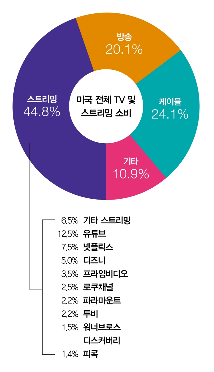 시장조사업체 닐슨의 월간 보고서 '더 게이지'에 따르면 2025년 5월 미국 내 스트리밍 플랫폼 시청률이 전통적인 방송·케이블 채널 시청률 합계치를 처음으로 넘어섰다. 자료 닐슨 '더 게이지'
