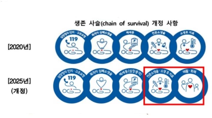 '생존 사슬'을 성인, 소아, 병원 밖, 병원 내 4가지의 생존 사슬로 구분되었던 것을 하나로 통합헀으며, 병원에서 이루어지는 전문소생술과 소생 후 치료를 하나의 고리로 통합, 재활 및 회복 사슬을 별도의 고리로 강조했다