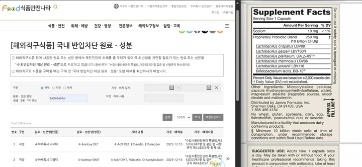 국내 반입차단 원료 및 성분 목록과 내가 구매하고자 하는 비타민의 성분표를 함께 대조해 검색해보았다.