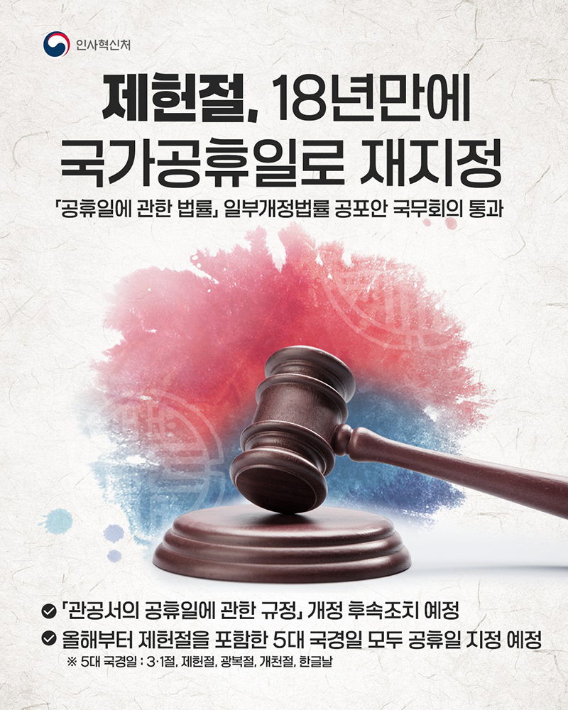 제헌절, 18년만에 국가공휴일로 재지정 하단내용 참조