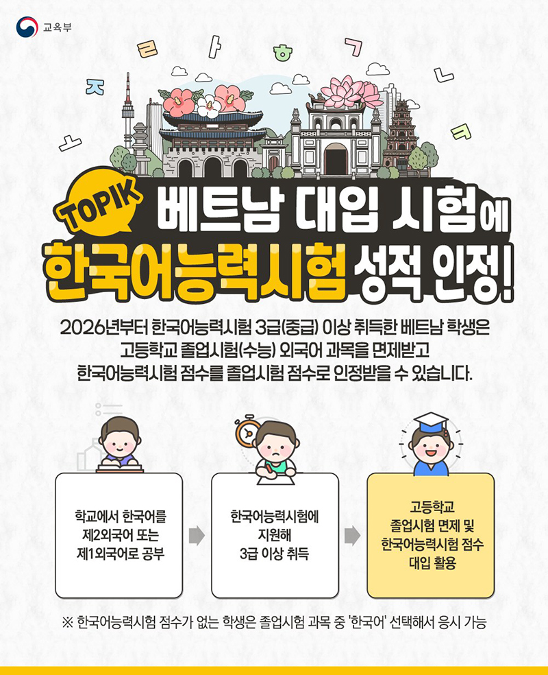 베트남 대입 시험에 한국어능력시험 성적 인정! 하단내용 참조