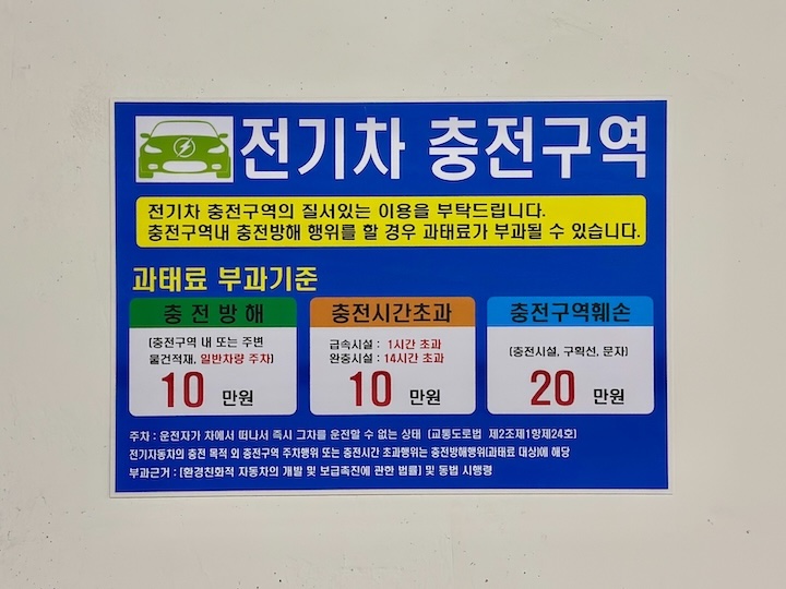 전기차 충전 구역 안내문. 충전 방해 행위에 대한 과태료 부과 기준이 안내되어 있다.