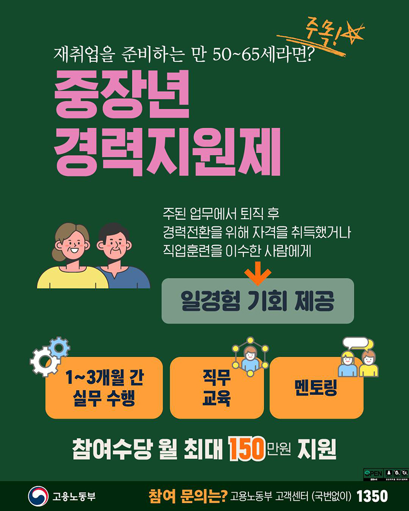 재취업 준비하는 만 50~65세 위한 '중장년 경력지원제' 하단내용 참조