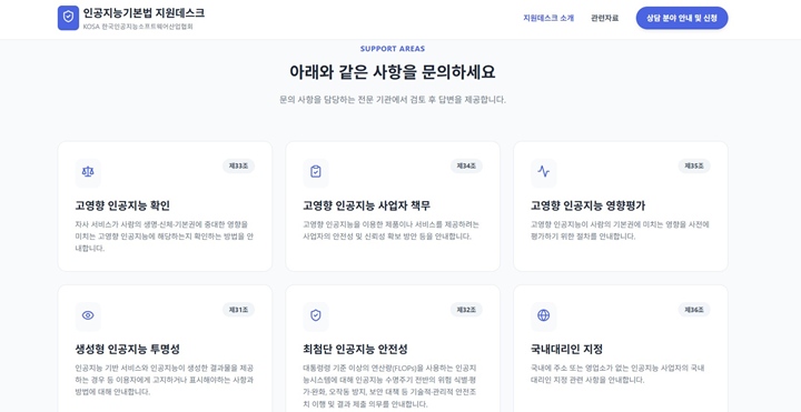 인공지능기본법 지원데스크에서 문의하고자 하는 내용에 맞는 분야를 선택하여 담당 전문기관의 답변을 받을 수 있다.