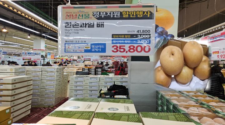 설 성수기를 맞아 대형마트 과일 매대에 정부 지원 할인 가격표가 붙어 있다. 배 등 주요 상차림 품목의 가격 인하가 현장에서 바로 확인된다.
