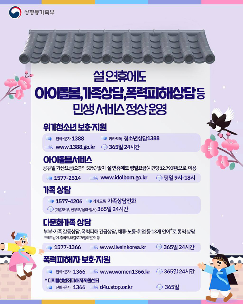 설 연휴에도 아이돌봄, 가족상담 등 민생서비스 정상 운영 하단내용 참조