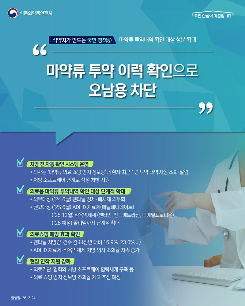 식약처가 만드는 국민 정책 ⑥ 마약류 투약내역 확인 대상 성분 확대 하단내용 참조