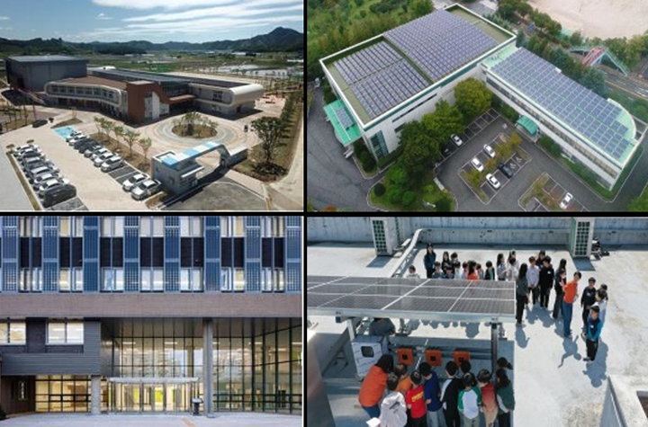 국내 태양광 설치 우수학교 사례. 좌측 상단부터 시계방향으로 충남 정산중  포항 제철고 및 인천 포스코고, 대구 신흥초, 서울 공항고의 옥상 태양광 패널  (사진=교육부)