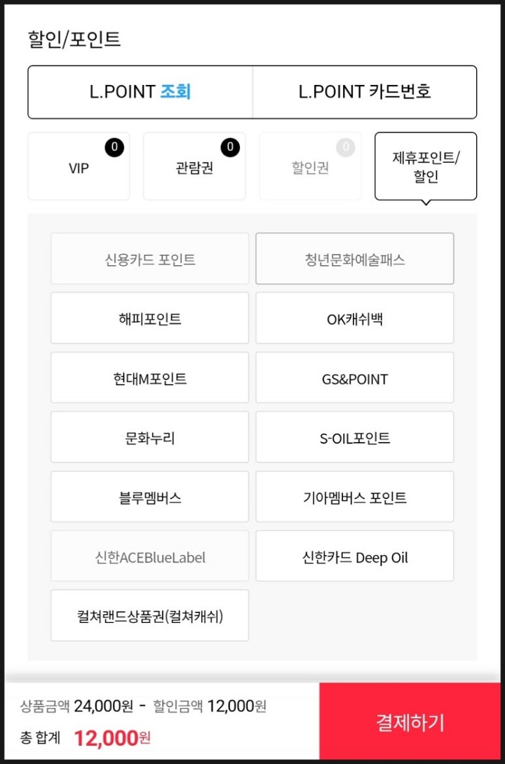영화나 공연 예매시 청년 본인 1인만 지원되고, 나머지는 추가 결재해야 한다