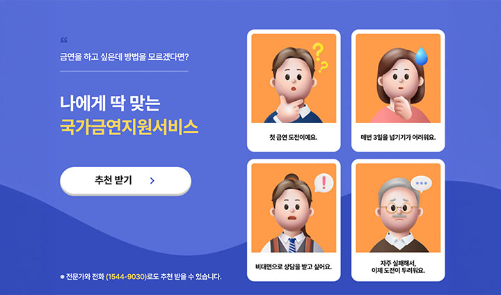 '나에게 딱 맞는 국가금연지원서비스'는 금연길라잡이 누리집에서 받을 수 있는 맞춤형 국가금연지원정책 연결 프로그램이다.