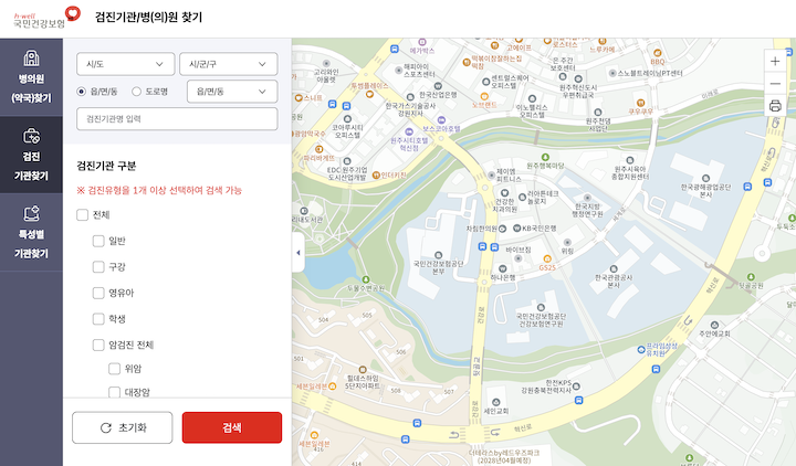 지도를 통해 근처의 건강검진 지정기관을 찾을 수 있는 서비스이다.