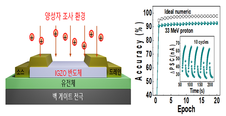 우주항공용 AI 뉴로모픽 반도체의 양성자 조사 후 인식률 검증 모식도(이미지=과기정통부 제공)