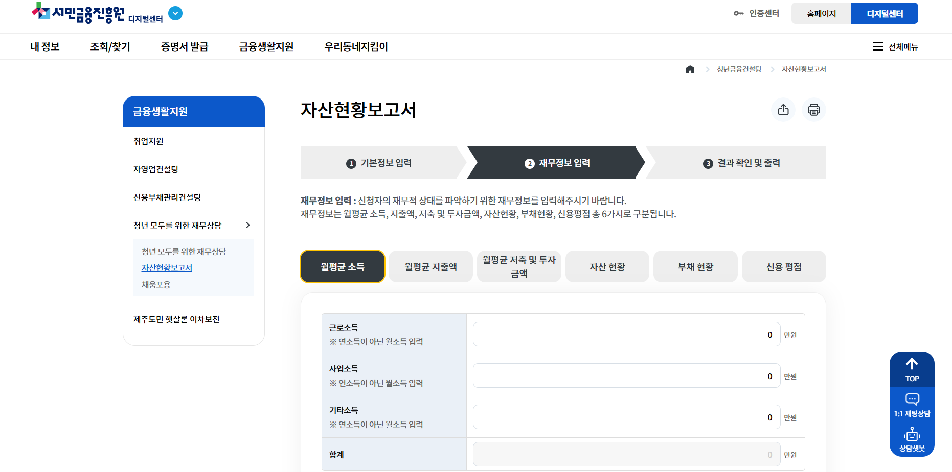 근로소득, 사업소득, 부채현황 등 재무정보를 입력했다