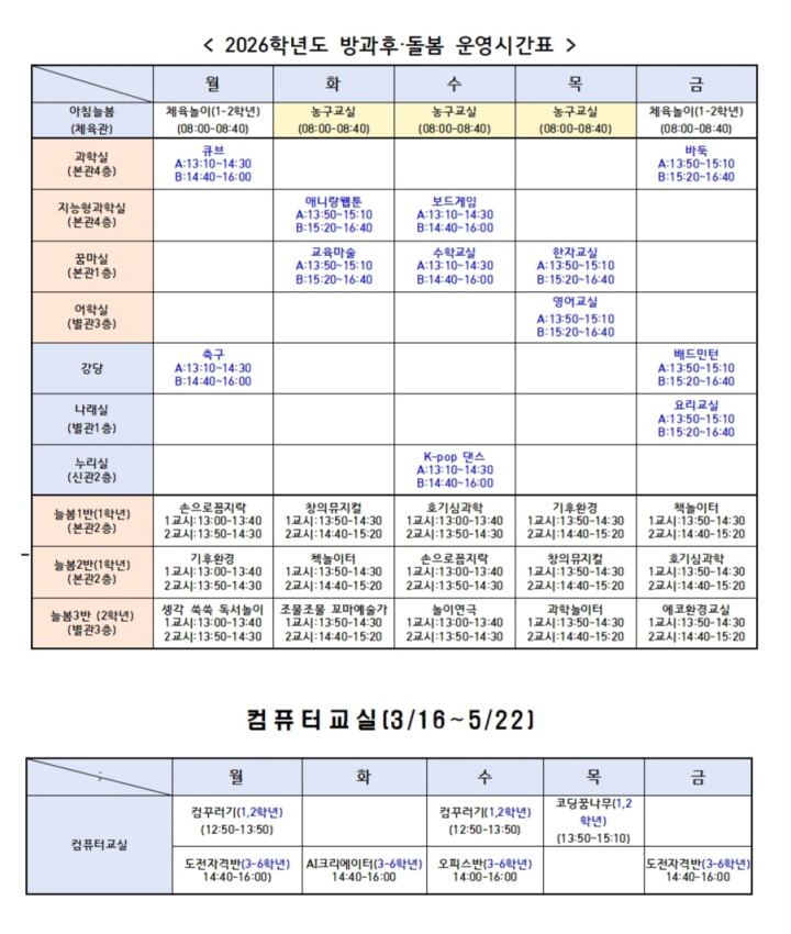 초등학교의 온동네 초등돌봄&middot;교육 관련 프로그램(출처=인천가정초등학교)